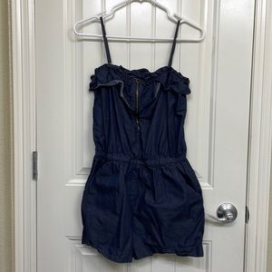 JCrew spaghetti strap ruffle top  denim short romper.